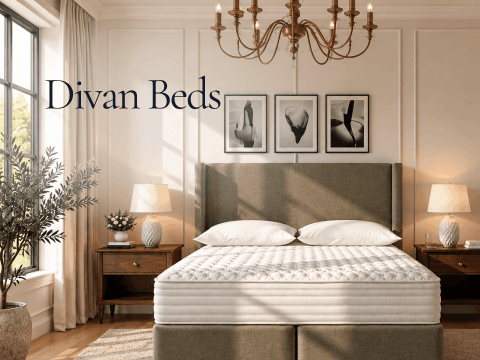 Khaki green upholstered divan bed with pocket sprung mattress in a beautifully styled bedroom – Simply Beds